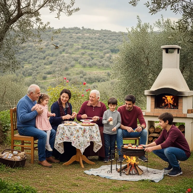 Joyful Levantine Village Family Celebrating New Year with Dessert Preparations