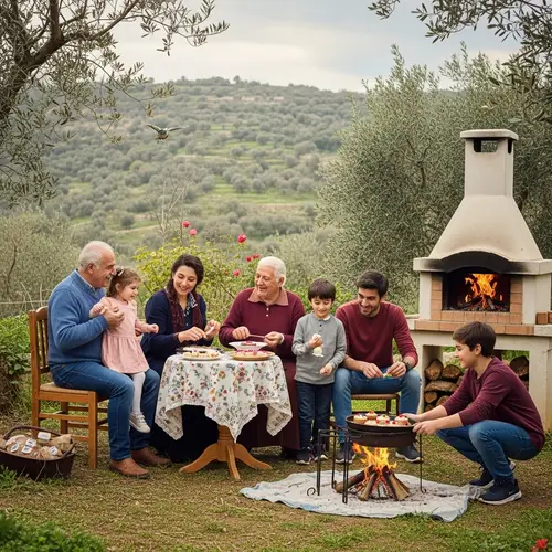 Levantine Village New Year's Celebrations with Family Members in Festive Garden Setting