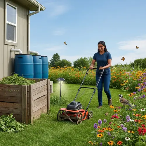 Sustainable Lawn Care: Manual Reel Mower, Compost Bin & Rain Barrels