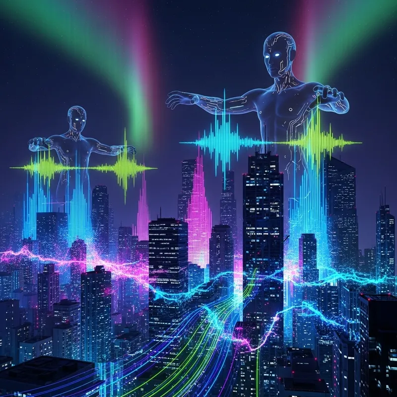 Neon Soundwaves: Cybernetic Metropolis in EDM Artwork