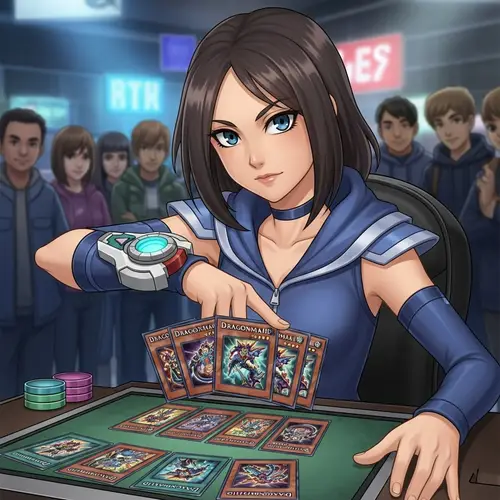 Hispanic Girl Dueling with Dragonmaid Cards - Intense Gaming Scene