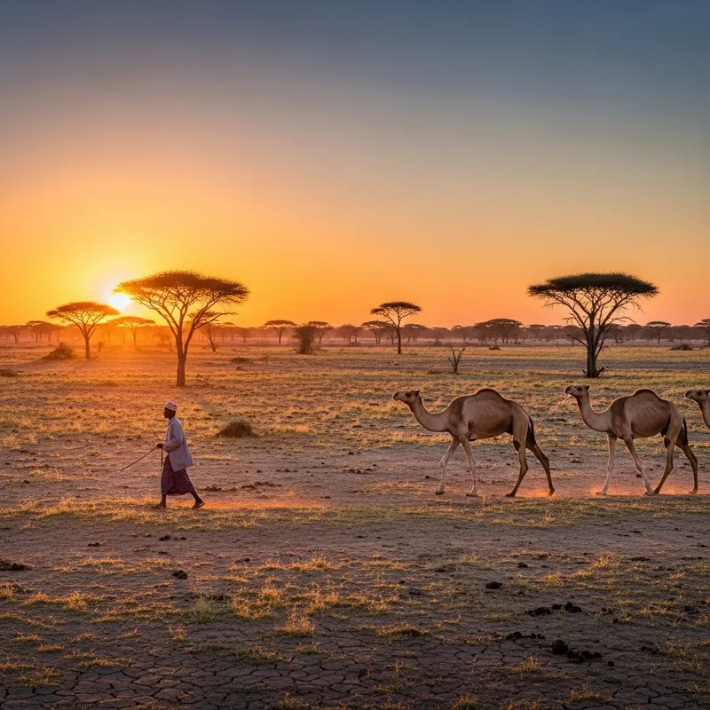 Somali Rural Landscape with Acacia Trees at Sunset
