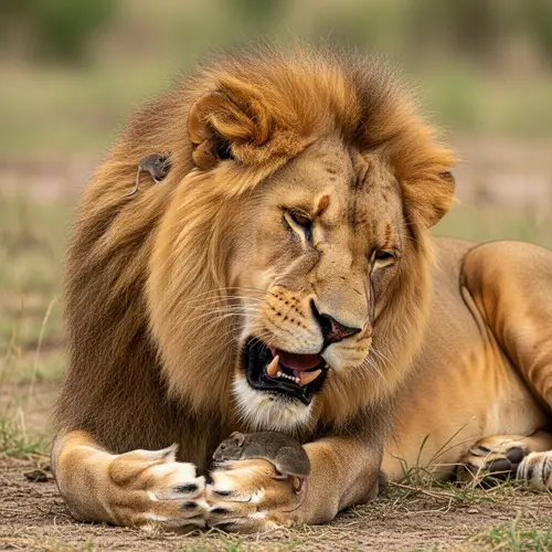 Powerful Lion Awakens: A Roaring Encounter with a Mouse