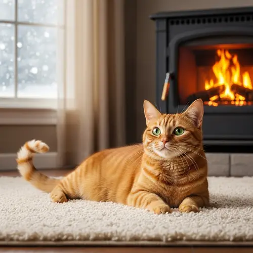 Domestic Short-Haired Cat Resting by Fireplace | Cozy Scene