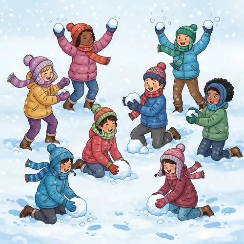Vibrant Winter Scene: Joyous Snowball Fight with Diverse Children