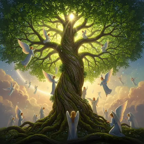 Tree of Life: Heavenly Scene with Lush Greenery and Ethereal Angels