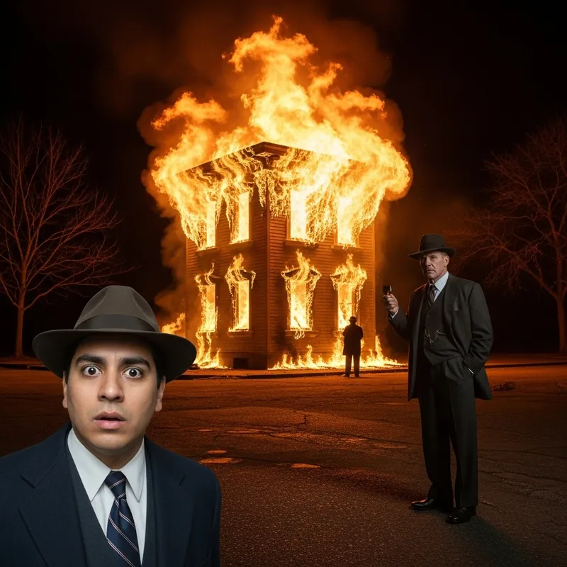 Men in Classic Attire Witness Burning Three-Story Building Men in Classic Attire Witness Burning Three-Story Building