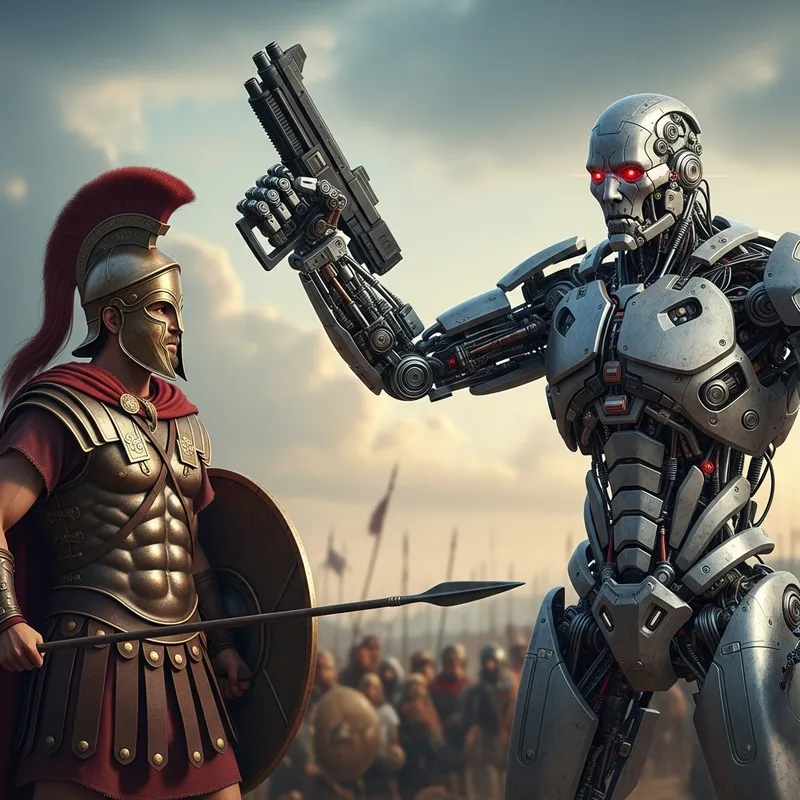 Trojan Warrior vs Terminator: Epic Battle in Stormy Battlefield Trojan Warrior vs Terminator: Epic Battle in Stormy Battlefield
