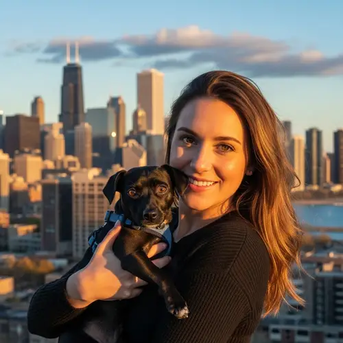 Caucasian Woman with Dog in Chicago Cityscape
