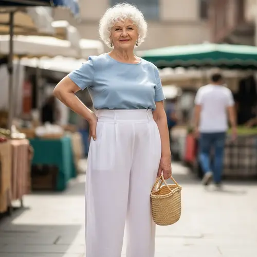 Elderly Woman with 180cm Wide Hips in White Trousers