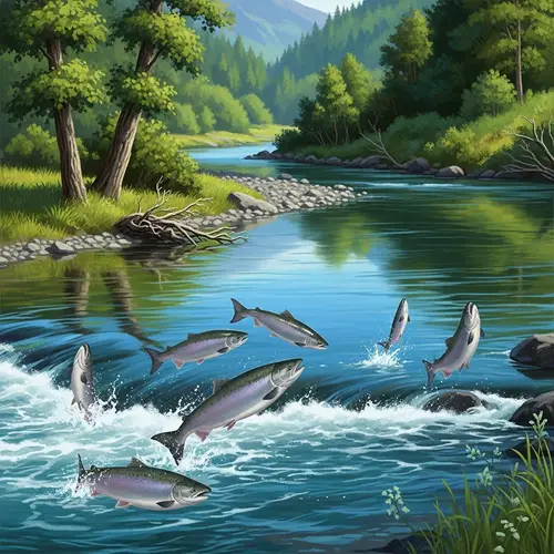 River Landscape: Salmon Jumping in Foaming Rapids