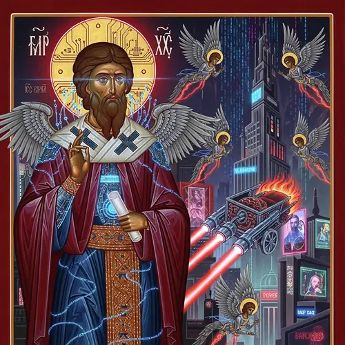Prophet Elijah Cyberpunk Icon - Ancient Russian Style Artwork