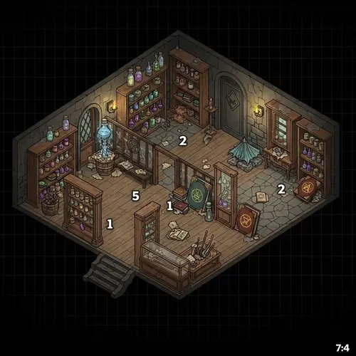 Isometric Map of Abandoned Magic Shop for D&D
