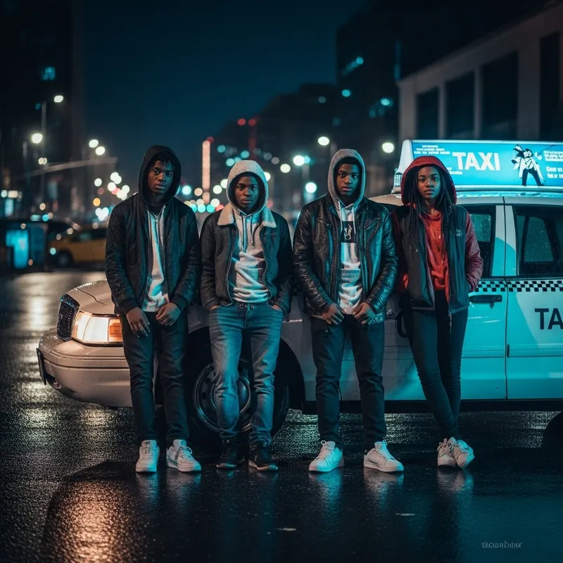 Moody Urban Teenagers Near Vintage Taxi: City Lights Night Scene