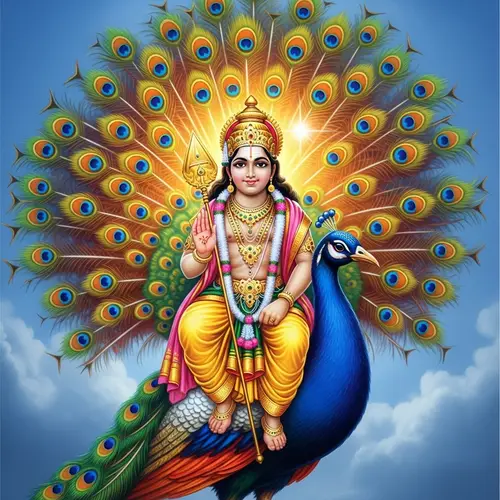 Lord Murugan on Peacock with Gleaming Vel - Divine Image