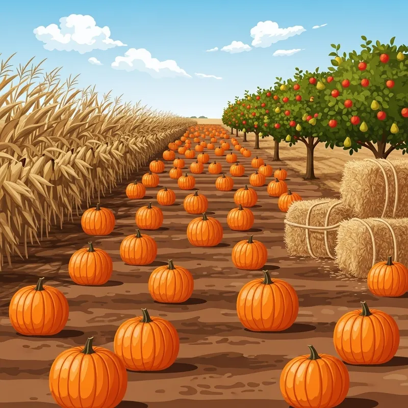 Earthy Autumn Harvest: Pumpkins, Corn Stalks, and Fruit Trees