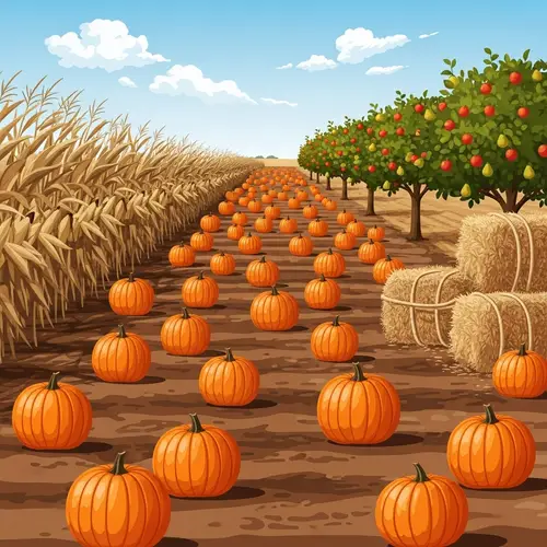 Autumn Harvest Bounty: Fields of Pumpkins, Corn Stalks, and Fruit Trees