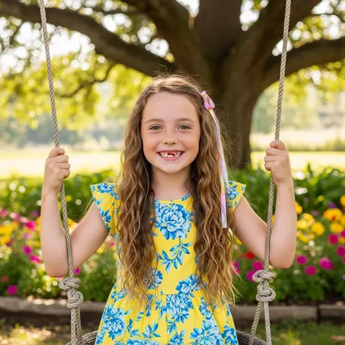 Cheery 8-Year-Old Caucasian Girl Portrait in Bright Yellow Summer Dress