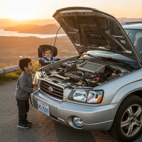 Captivating Scene with Subaru Forester SG5 and Curious Boy