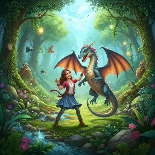 Young Girl and Pet Dragon Play in Mystical Forest - Fantasy Illustration