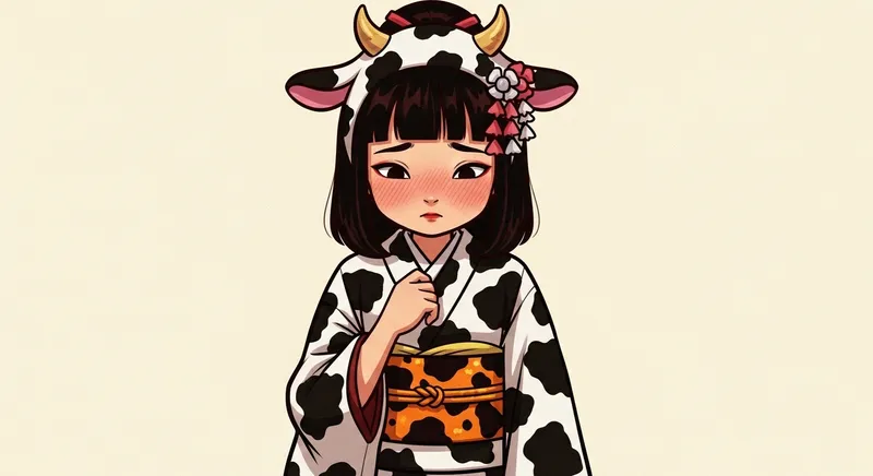Vibrant Cow-Print Outfit Art: Lively Girl Blushing Happily