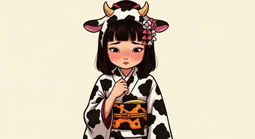 Playful Cow Bikini Art: Anime-Inspired Girl Blushing