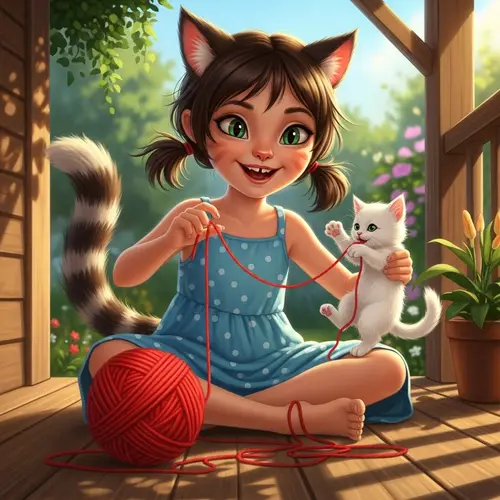 Cat Girl - Playful Feline Character with Fluffy Tail and Joyful Smile