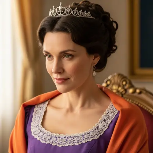 Elegant Woman in Purple Dress with Green Eyes and Dark Hair