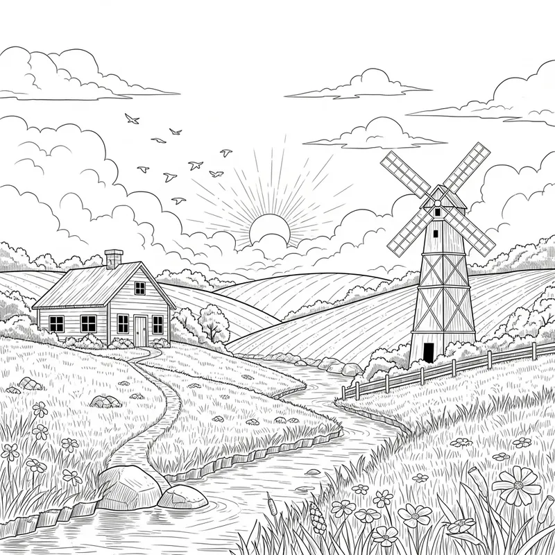 Serene Countryside Sketch with Rolling Hills Serene Countryside Sketch with Rolling Hills