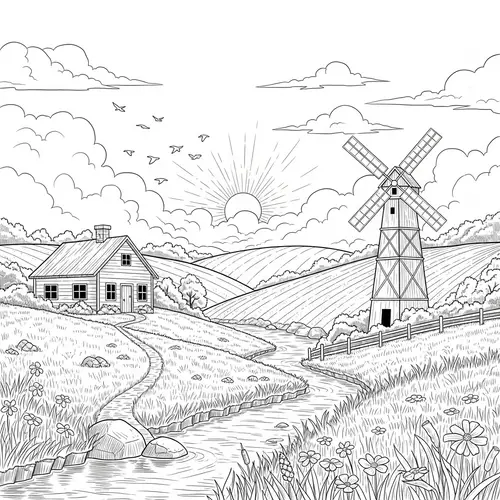 Black and White Sketch of Serene Countryside with Rolling Hills and Windmill
