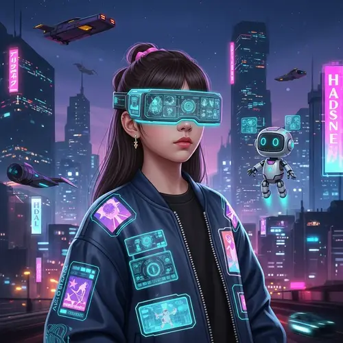 Futuristic Young Girl with Hi-Tech Visor and Robotic Companion