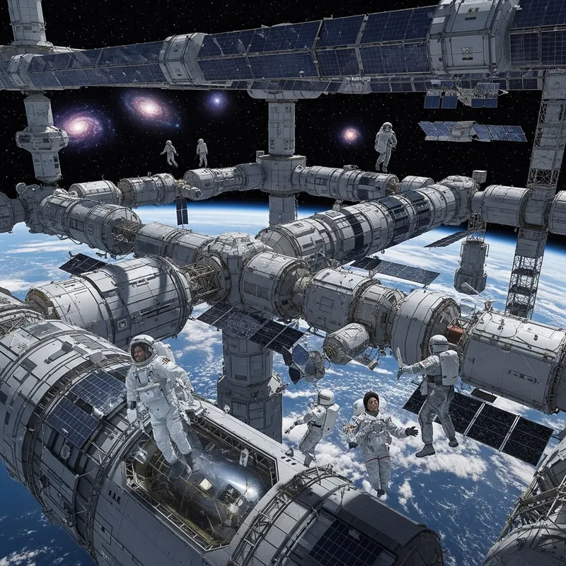 Futuristic Space Station: Panoramic View of Galaxy & Astronauts