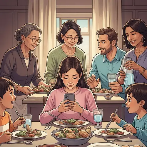 Family Dinner Scene Illustration with Modern Distraction