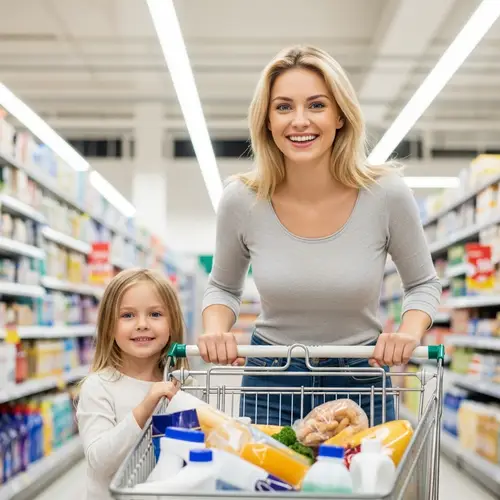 Stylish Caucasian Woman Shopping with Daughter in Supermarket