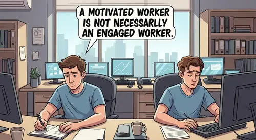 Vibrant Cartoon Office Scene: Engagement vs Motivation