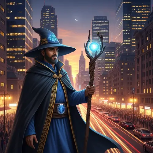South Asian Male Wizard in Mystical Attire and Modern Cityscape