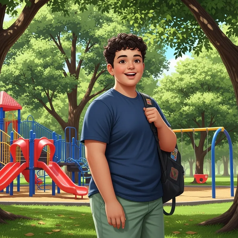 Cheerful Overweight Teen Boy: Smiling in Park | Website Name