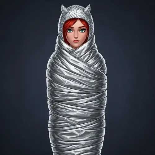 Kate McCrae in Silver Survival Blanket Art