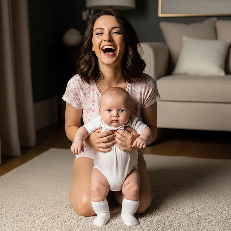 Captivating Image of Woman in Baby Diaper Laughing in Cinematic Lighting