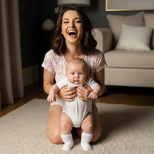Caucasian Woman in Adult Baby Attire Laughing with Joy
