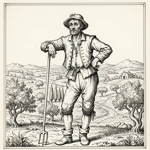 17th Century Style Drawing of Posing Farmer | Don Quixote Vibes