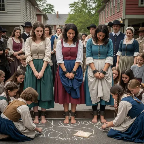 Historical Scene of Accused Witches in 1700s Town Stocks