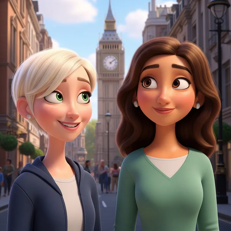 Pixar Style Image of Two Women with Unique Hairstyles in London