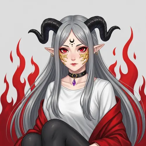 Caucasian Girl with Wavy Black Horns and Red Eyes