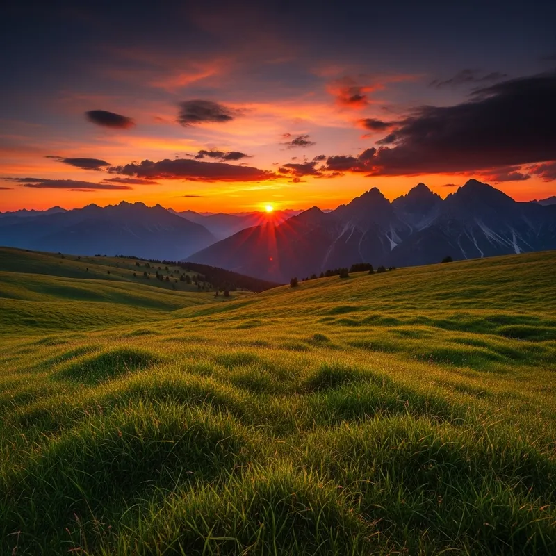 Epic Nature Scenery with Lush Grass & Distant Mountains at Sunset