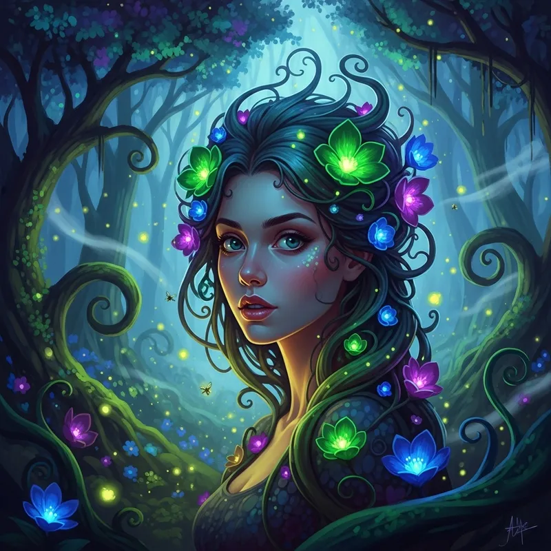 Captivating Woman in Enchanted Forest | Vibrant Fantasy Portrait Captivating Woman in Enchanted Forest | Vibrant Fantasy Portrait