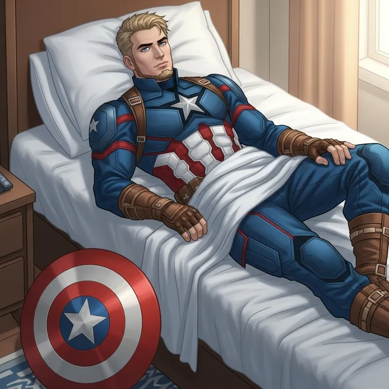 Captain America Resting in Bed with Iconic Shield Captain America Resting in Bed with Iconic Shield