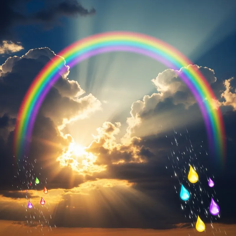 Dreamy Sunset Sky with Rainbow and Luminescent Raindrops Dreamy Sunset Sky with Rainbow and Luminescent Raindrops