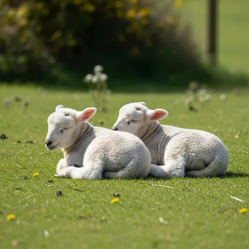 Peaceful Image of Two Sleeping Baby Lambs on Grass