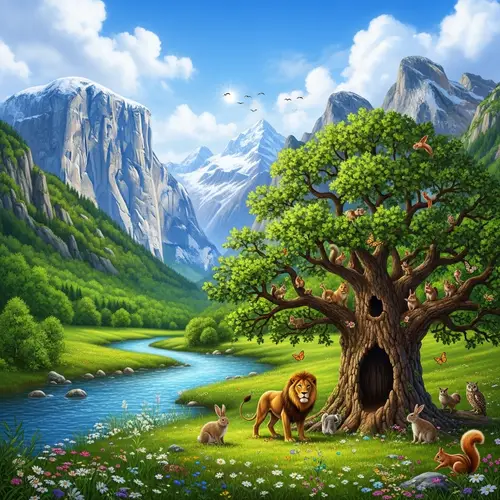 Nature's Diverse Elements: A Lush Valley with Snow-Capped Peaks